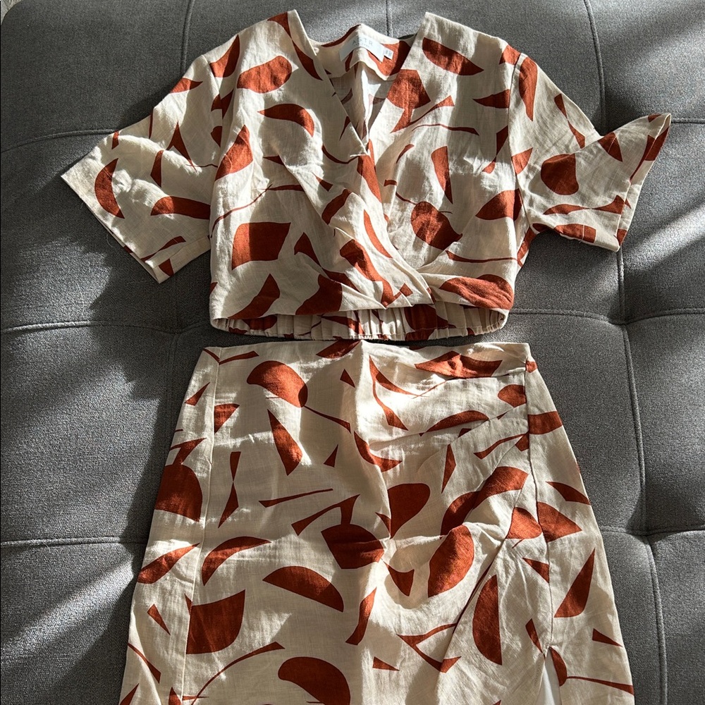 Astr Cream and Brown Abstract Midi Skirt Set